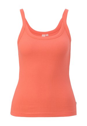 Geripptes Tanktop in Korallenfarbe mit dünnen Trägern. Verfügt über eine figurbetonte Silhouette und einen runden Ausschnitt. Elastisches Material für zusätzlichen Komfort.