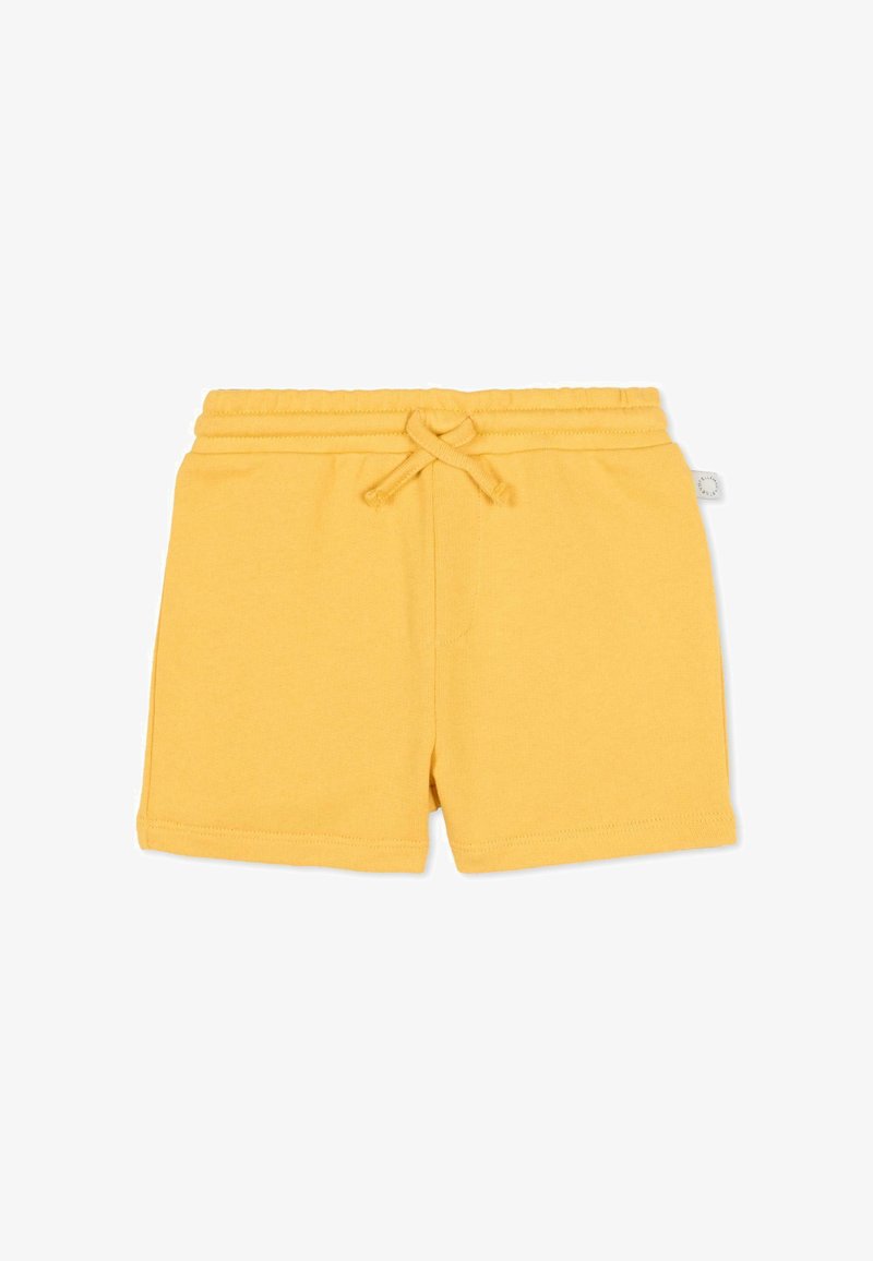 Shorts pour tout-petit en coton jaune avec taille élastique et cordon noué, design uni, petite étiquette de marque sur la couture latérale droite.