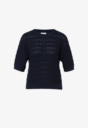 Granatowy, krótki sweter z dzianiny z perforowanym, paskowanym wzorem oraz prążkowanym okrągłym dekoltem, mankietami i plisowanym dołem.