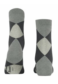 Graue und schwarze Socken mit Rautenmuster, weicher Textur und knöchellangem Design, mit verstärkter Ferse und Spitze.