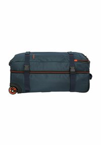 Sacs de voyage à roulettes en tissu bleu foncé avec des accents orange, robustes sangles latérales et doubles roues pour la mobilité. Forme rectangulaire avec surface texturée.