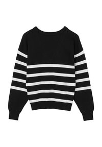 Maglione nero con strisce bianche orizzontali, scollo rotondo e maniche lunghe con polsini a coste. Tessuto a maglia morbido, vestibilità casual.