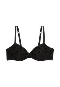 Soutien-gorge noir avec des bonnets moulés, arborant un subtil motif léopard, des bretelles ajustables et une fermeture à crochets au dos. Texture lisse.