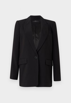 Black blazer featuring a notched lapel, single button closure, two front pockets, and a smooth satin interior. Straight-cut design.