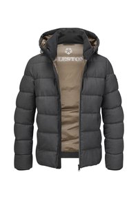 Graue gepolsterte Jacke mit abnehmbarer Kapuze, Reißverschluss und zwei Taschen. Die Innenausstattung verfügt über ein glattes, hellbraunes Futter mit Logo-Print.