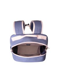 Blue fabric backpack with pink accents, two shoulder straps, and a zippered main compartment revealing a light interior.