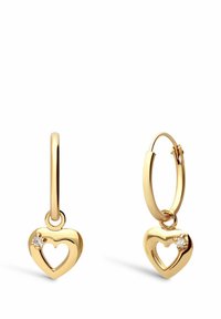 Boucles d'oreilles en or en forme de créoles avec des charms en forme de cœur au centre ouvert et une petite pierre en accent. Fini lisse avec une texture polie.