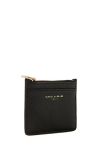 Black leather cardholder with textured surface, gold zipper, and embossed brand logo. Compact rectangular shape with a single zipper compartment.
