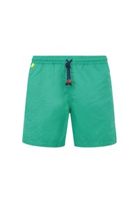 Shorts de bain verts en matériau léger, dotés d'une taille élastique avec un cordon de serrage bleu marine et des accents en perles en bois.