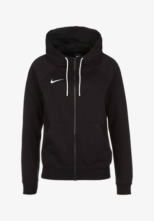 Black zip-up hoodie with white drawstrings and a white Nike swoosh logo on the left chest, featuring front pockets and ribbed cuffs.