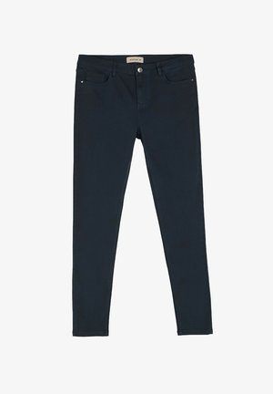 Cienkie dżinsy w kolorze granatowym, wykonane z denimu, z dwiema przednimi kieszeniami, zapięciem na guzik u góry oraz dyskretnymi detalami w szwach.