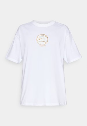 White short-sleeve Nike T-shirt with a gold and white marble circular logo and "Nike Court" text centered on the chest.