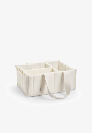 Square beige fabric organizer with three compartments and two sturdy handles on a white background.