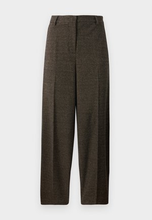 Brown wide-leg trousers with a textured fabric, featuring a tailored waist, belt loops, and two front pockets.