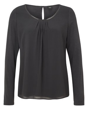 Blusa negra de manga larga con escote redondo con abertura en forma de gota y detalles fruncidos en el centro delantero, confeccionada en una tela suave y ligera.