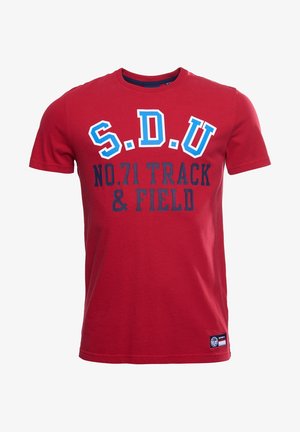 Red cotton t-shirt with short sleeves, featuring white and blue printed text: "S.D.U NO.71 TRACK & FIELD" on the front. Round neckline, tag at hem.