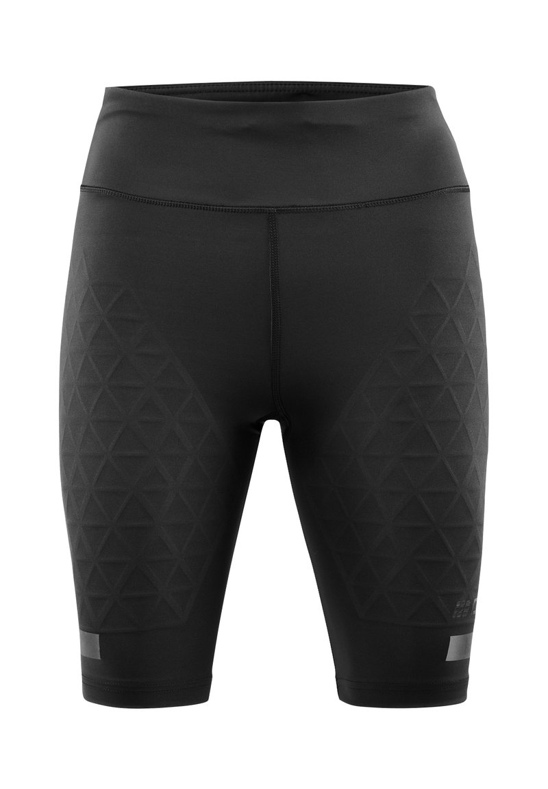 Pantalones cortos de compresión negros hasta la rodilla con patrones triangulares texturizados en los muslos y una cinturilla ancha, diseñados para uso atlético.