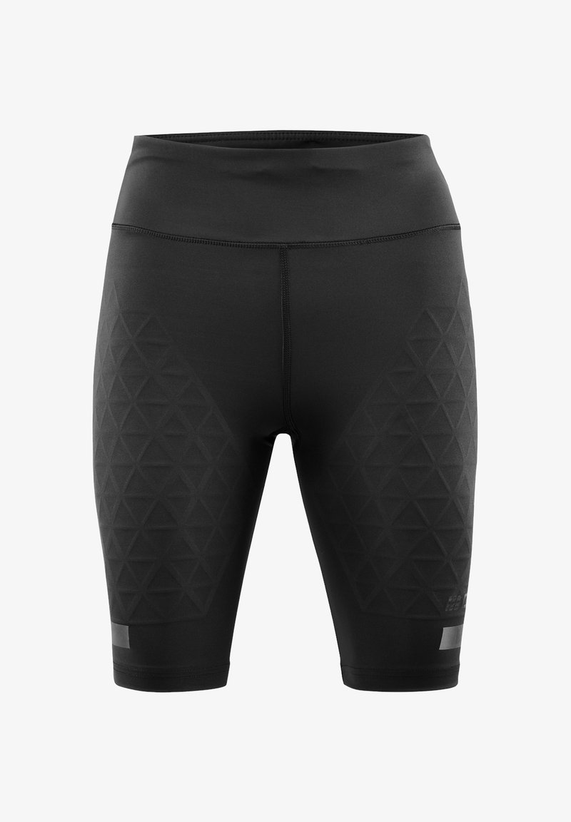 Pantalones cortos de compresión negros hasta la rodilla con patrones triangulares texturizados en los muslos y una cinturilla ancha, diseñados para uso atlético.