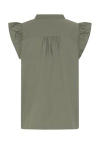 Blouse sans manches vert olive avec des détails volantés aux épaules et un col empiècement froncé au dos.