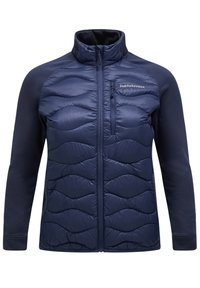 Navy blue jacket featuring quilted insulated front with wavy pattern, soft fabric sleeves, high collar, and zippered chest pocket.