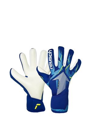 Paar blaue und weiße Reusch Torwarthandschuhe mit geometrischen Mustern und Handgelenksriemen, Vorder- und Innenhandseite gezeigt.