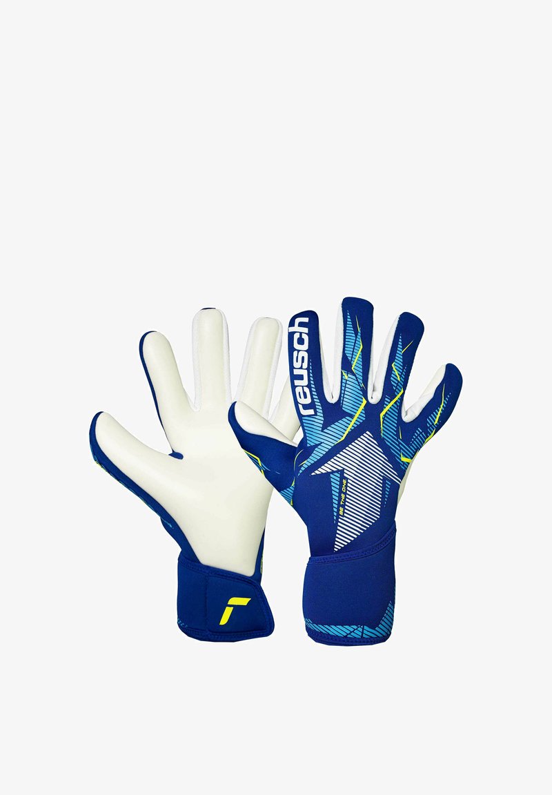 Paire de gants de gardien Reusch bleu et blanc avec motifs géométriques et sangles au poignet, montrée de face et de la paume.