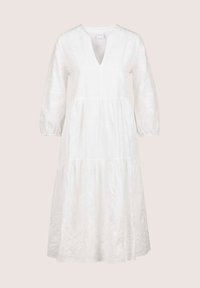 Weißes Midi-Kleid mit 3/4 Puffärmeln, V-Ausschnitt, geraffter Taille und dezentem floralem Reliefmuster auf dem gesamten Stoff.