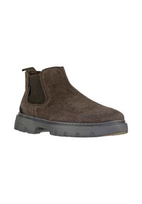 Stivali alla caviglia in suede marrone con una finitura testurizzata, pannelli laterali elasticizzati e una suola in gomma resistente dotata di un motivo di battistrada per una buona aderenza.