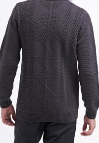 Dunkelgrauer Strickpullover mit einem strukturierten Rautenmuster, gerippten Bündchen und Saum. Die Rückansicht zeigt detaillierte Nähte und das Design.