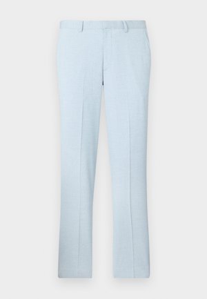 Light blue tailored trousers, featuring a smooth fabric, straight leg design, and subtle texture. Two front pockets and a flat front.