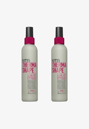 Two bottles of KMS Therma Shape spray; cylindrical gray containers with black spray tops and pink text; each contains 200 mL.