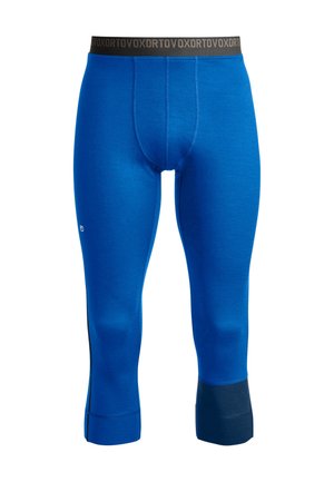 Blue thermal leggings with a black elastic waistband, featuring a soft texture and a fitted design. Includes a contrasting dark cuff detail.
