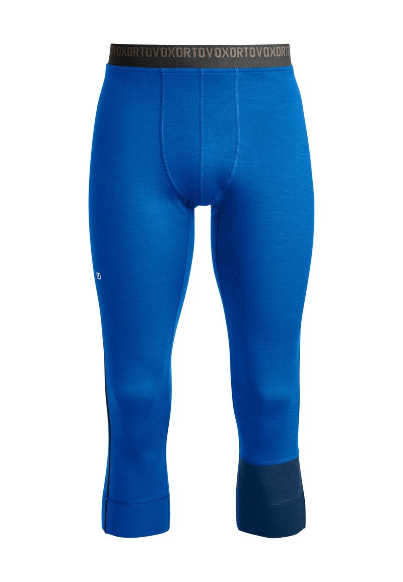 Blue thermal leggings with a black elastic waistband, featuring a soft texture and a fitted design. Includes a contrasting dark cuff detail.