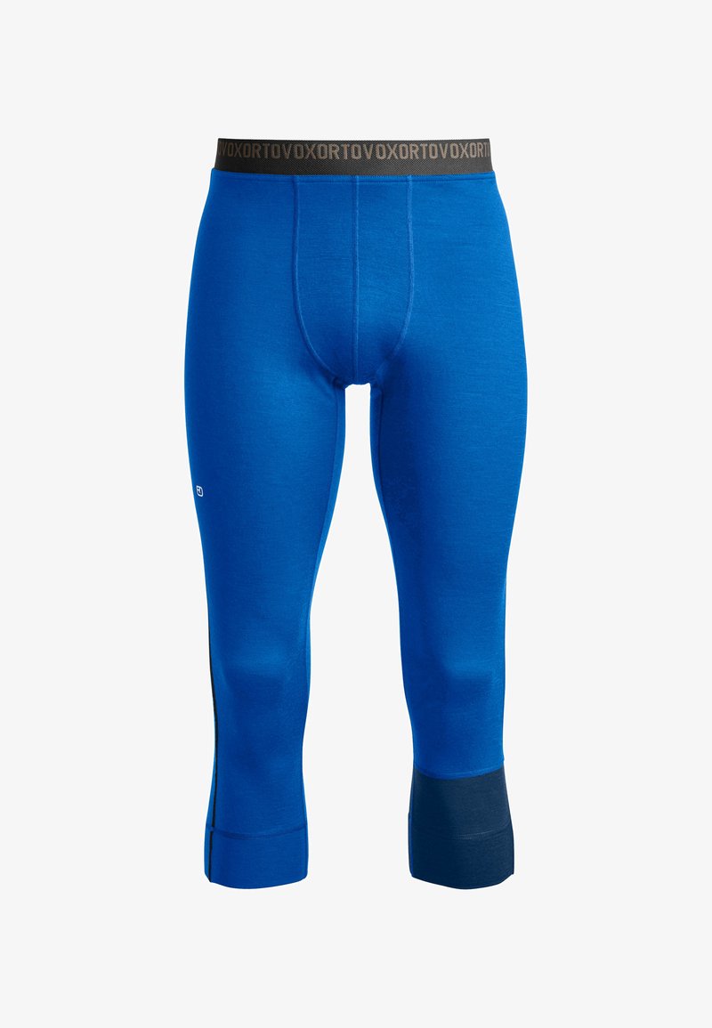 Blaue Thermoleggings mit einem schwarzen elastischen Bund, die eine weiche Textur und eine figurbetonte Passform haben. Enthält ein kontrastierendes dunkles Bündchen-Detail.