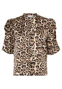 Chemisier à boutons avec imprimé léopard en beige et noir, présentant des manches courtes bouffantes, un col mao et une texture de tissu lisse.