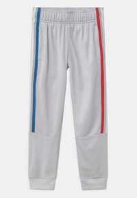 Gray athletic pants with blue and red side stripes, elastic waistband, and cuffed hems. Made of smooth, stretchy fabric with a casual design.