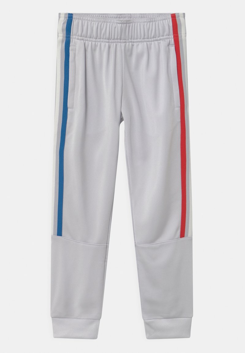 Gray athletic pants with blue and red side stripes, elastic waistband, and cuffed hems. Made of smooth, stretchy fabric with a casual design.