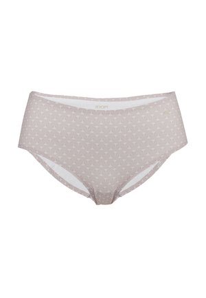 Helle Taupe-Höschen mit hoher Taille, die ein dezentes geometrisches Muster aufweisen, mit glatter Textur und einem weißen elastischen Bund. Markenlogo sichtbar.