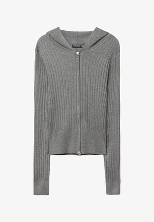 Gray ribbed knit hoodie cardigan with full zip closure, long sleeves, and a relaxed fit. Fabric has a soft texture with subtle stretch.