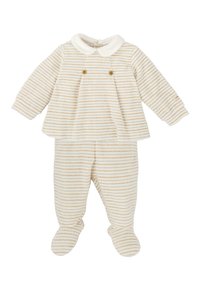 Conjunto de bebé de forro polar a rayas claras que incluye una parte de arriba con cuello y botones de madera y pantalones con pies. El material es suave y cálido, ideal para la comodidad.
