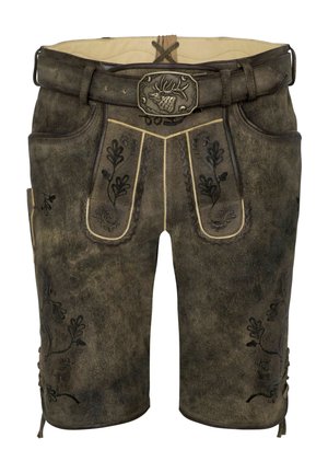 Leather lederhosen in dark gray with intricate black floral embroidery, a wide waistband, and decorative belt buckle. Features side pockets.