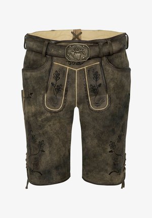 Mørkegrå læderlederhosen med detaljeret sort blomsterbroderi, en bred taljevidde og dekorativ spænde. Har sidelommer.