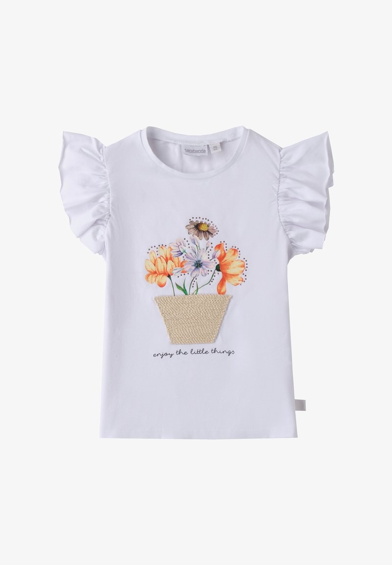 Biała bawełniana koszulka z bufkami. Zawiera kolorowy wzór kwiatu w doniczce, towarzyszący napis "ciesz się z małych rzeczy".