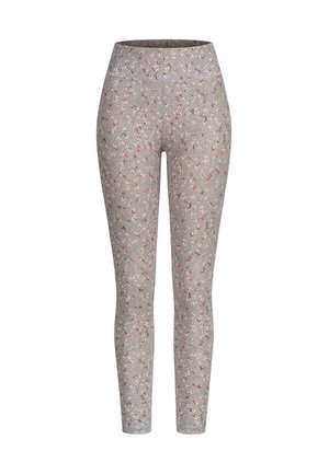 Grijze leggings met een kleurrijk bloemenpatroon in rood en wit. Gemaakt van rekbare stof met een hoge tailleband voor comfort.
