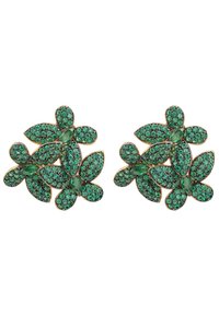 Green floral earrings with a gold-tone outline, featuring an intricate design of round and marquise-cut green stones, creating a textured surface.