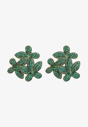 Groene bloemenoorbellen met een gouden omlijsting, voorzien van een ingewikkeld ontwerp van ronde en marquise-vormige groene stenen, wat een gefermenteerde oppervlakte creëert.