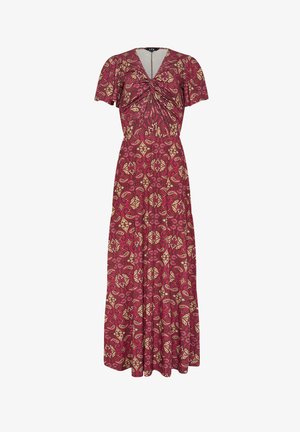 Czerwona sukienka maxi z beżowymi wzorami paisley, krótkimi falbaniastymi rękawami, marszczonym dekoltem w kształcie litery V i dopasowaną talią.