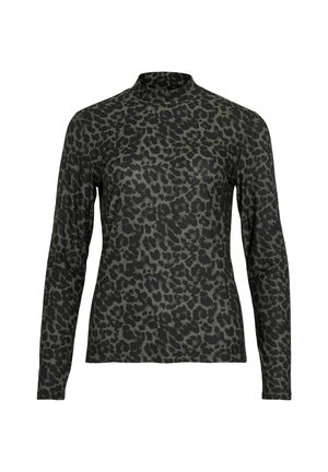 Long-sleeve, high-neck top featuring a black and olive green leopard print pattern.