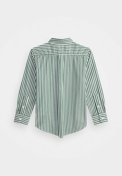Camisa de manga longa às riscas verde e branca com gola, punhos abotoados e bainha reta. O tecido parece suave e leve.
