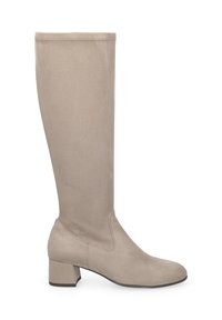 Beige knee-high boot made of soft suede material, featuring a rounded toe and a low block heel, with a simple, smooth design.